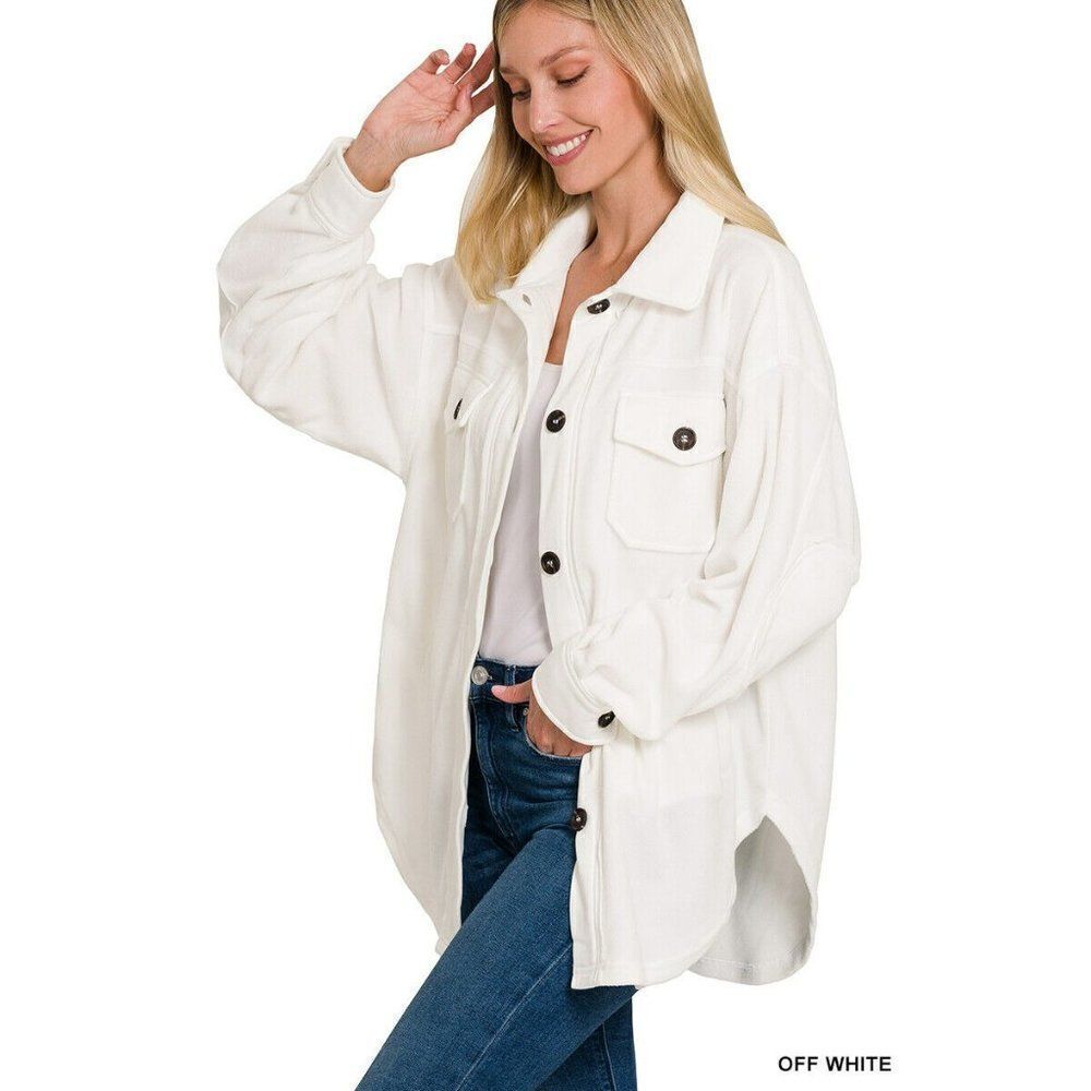 Zenana All About the Fleece Button-Down Shacket in Off White S-L QJ-4003D4 - Picture 3 of 8